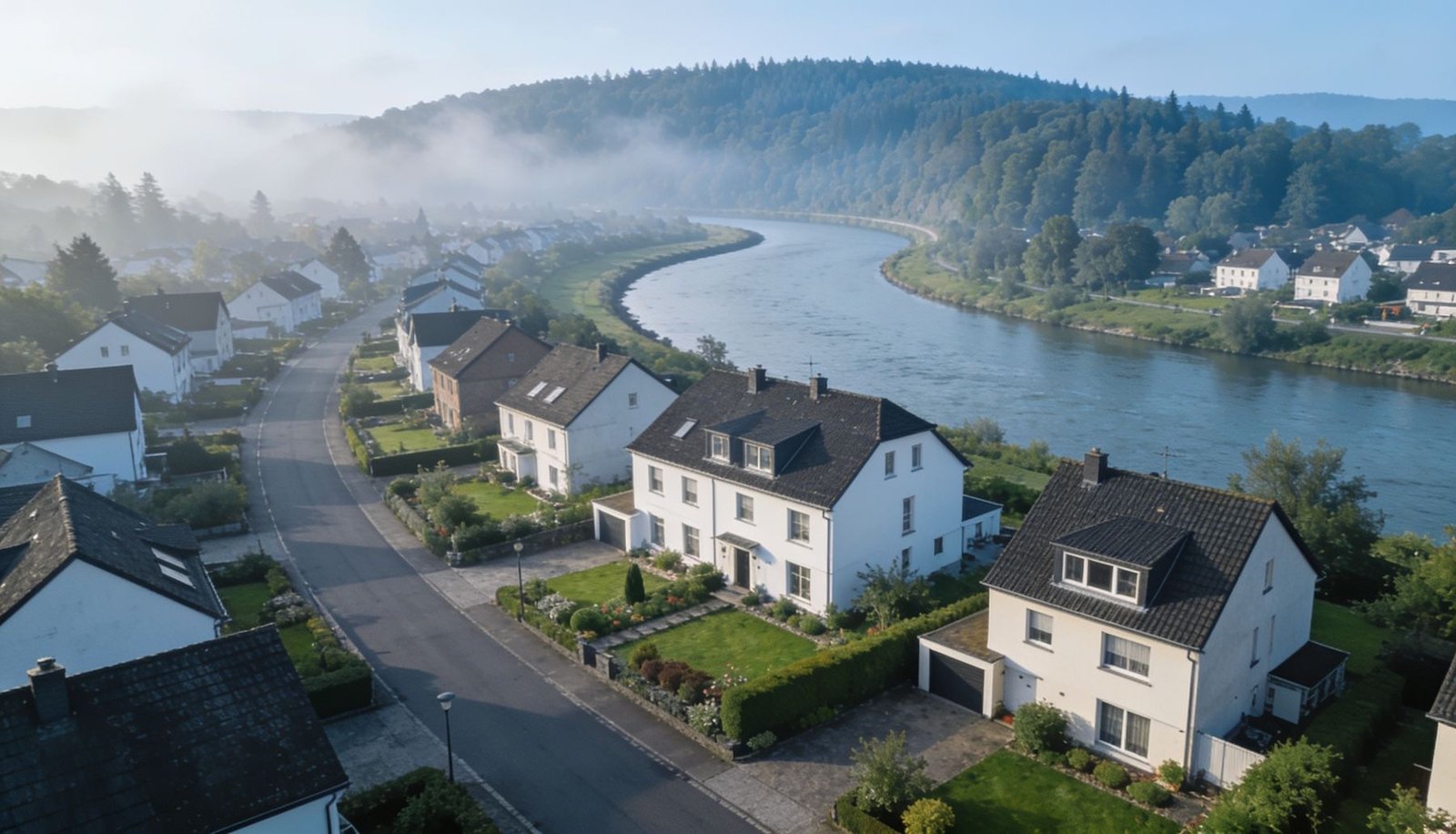 Luftaufnahme des Wesertals mit Wohngebieten bei Porta Westfalica